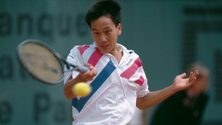 American tennis player Michael Chang at the French Open in Paris, 1989. He won the tournament, becoming the youngest male winner of a Grand Slam singles ev