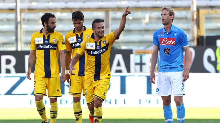 Cristobal Jorquera (3nd L) of Parma FC celebrates his goal during the Serie A match between Parma FC and SSC Napoli
