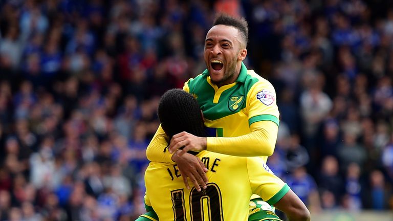 Nathan Redmond celebrates after scoring for Norwich in the Championship play-off semi-final second leg against Ipswich