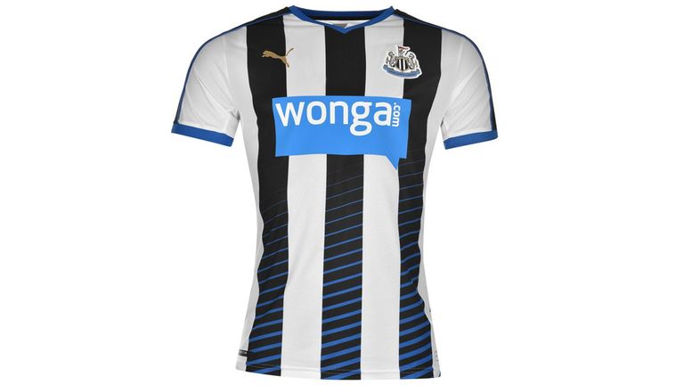 Newcastle United's 2015/16 kit includes blue flashes across the bottom of the traditional black stripes