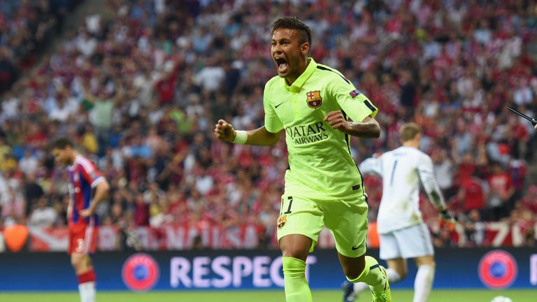 Neymar celebrates after scoring Barcelona's equaliser against Bayern Munich