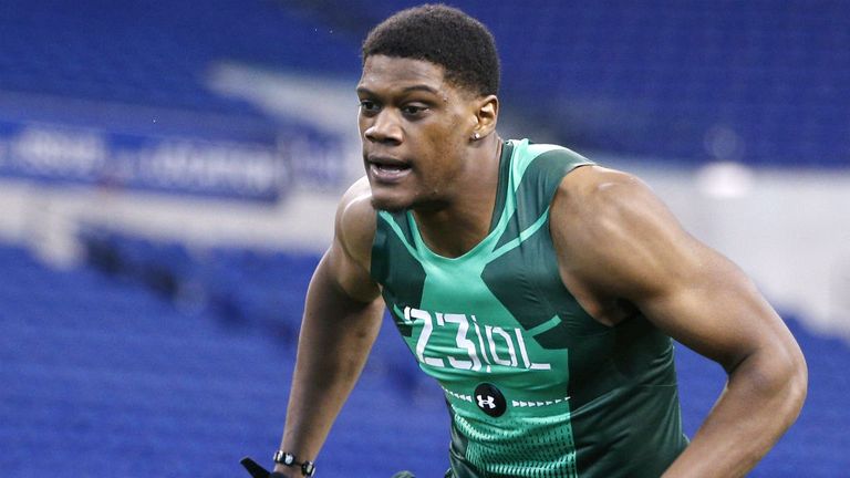 Defensive lineman Randy Gregory of Nebraska competes during the 2015 NFL Scouting Combine at Lucas Oil Stadium