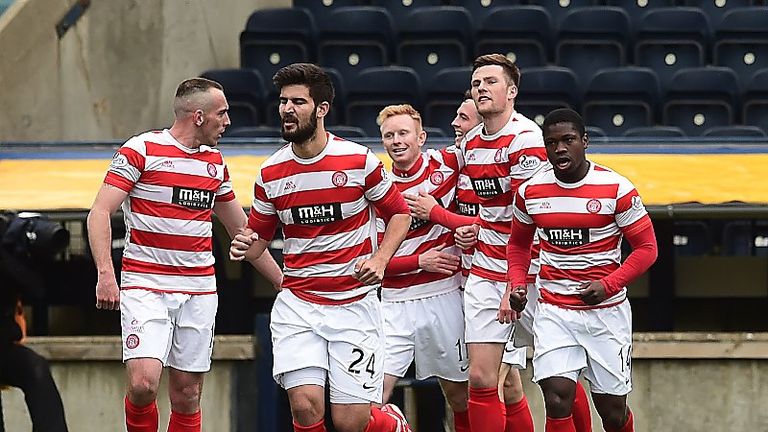 02/05/15 SCOTTISH PREMIERSHIP.KILMARNOCK v HAMILTON.RUGBY PARK - KILMARNOCK.Hamilton's Nigel Hasselbaink (right) celebrates his goal