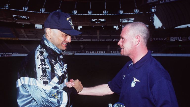 Paul Gascoigne with Fabrizio Ravanelli before the Coppa Italia semi-final second leg between Juventus and Lazio in Turin, April 1995.