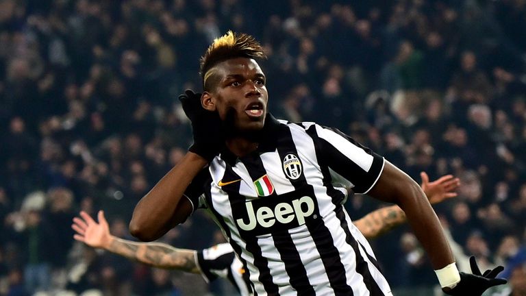 Juventus' midfielder from France Paul Pogba celebrates after scoring a goal during the Serie A football match 