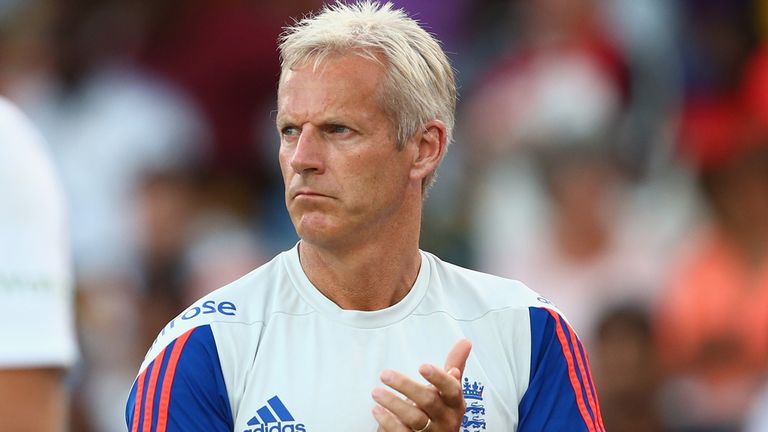 BRIDGETOWN, BARBADOS - MAY 03:  Joe Root (L) of England and Head Coach Peter Moores (R) during the after match presentations as the series was squared 1-1 