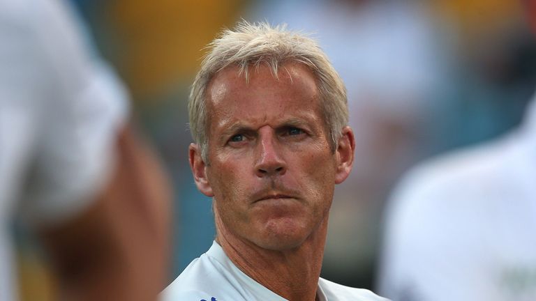 BRIDGETOWN, BARBADOS - MAY 03: Peter Moores the Head Coach of England  looks on at the after match presentations as the series was squared 1-1 after West I