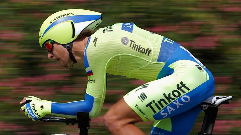 Peter Sagan of Slovakia riding for Tinkoff-Saxo rides to first place in the individual time trial during stage six and captures the