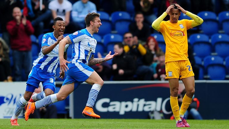 COLCHESTER, ENGLAND - MAY 03:  George Moncur of Colchester United (c) celebrates scoring his side's first goal during the Sky Bet League One match between 