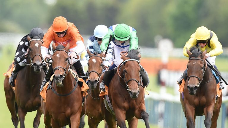 Miss Marjurie (left) ridden by Paul Hanagan wins the 888sport Pinnacle Stakes at Haydock Park Racecourse, Newton-le-Willows.