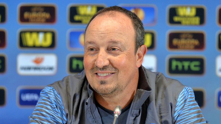 SSC Napoli's head coach Rafael Benitez smiles as he gives a press conference in Kiev on May 13, 2015, on the eve of 