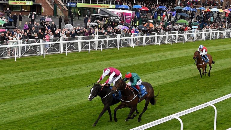 Rah Rah (front right) ridden by Franny Norton wins the Stellar Group Lily Agnes Conditions Stakes from Silver Wings at Chester