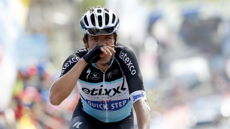 Colombian Rigoberto Uran crosses the finish line on May 29, 2015 in Cervinia to place third in the 19th stage of the 98th Giro d'Italia