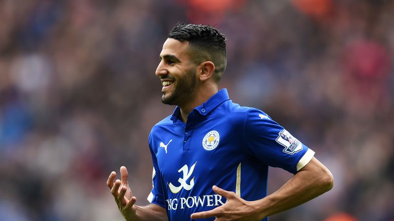 LEICESTER, ENGLAND - MAY 09:  Riyad Mahrez of Leicester City celebrates scoring the second goal for Leicester City against Southampton