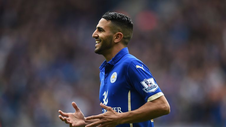 Riyad Mahrez celebrates scoring the second goal during the Barclays Premier League match between Leicester and  Southampton