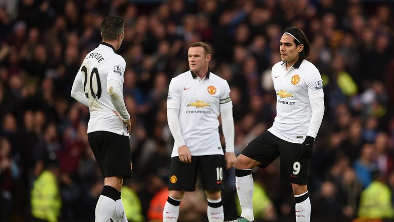 Robin van Persie, Wayne Rooney and Radamel Falcao of Manchester United prepare to restart after conceding against Aston Villa in December 2014