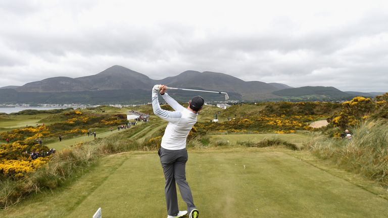 Rory McIlroy of Northern Ireland tees off on the 4th hole during the Pro-Am round prior to the Irish Open at Royal County Down Golf Club.