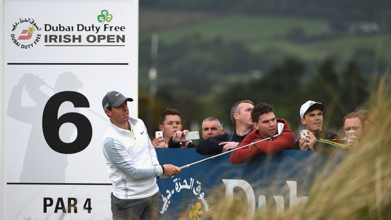 Rory McIlroy of Northern Ireland tees off on the 6th hole during the Pro-Am round prior to the Irish Open at Royal C