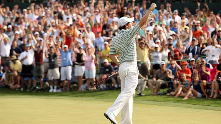 Rory McIlroy of Northern Ireland reacts to making a birdie on the 18th green during the final round.