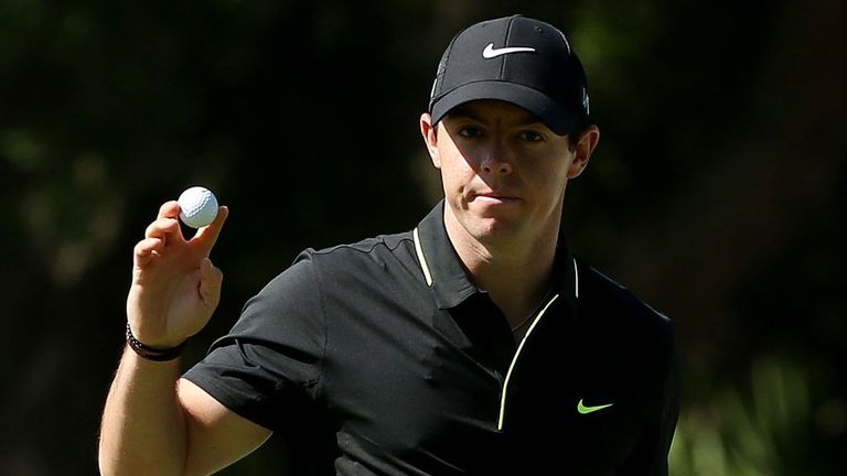 PONTE VEDRA BEACH, FL - MAY 07:  Rory McIlroy of Northern Ireland holds up his ball after putting for birdie on the 15th green during round one of THE PLAY