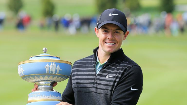 Rory McIlroy of Northern Ireland lifts the Walter Hagen Cup after defeating Gary Woodland 4&2 in the championship match