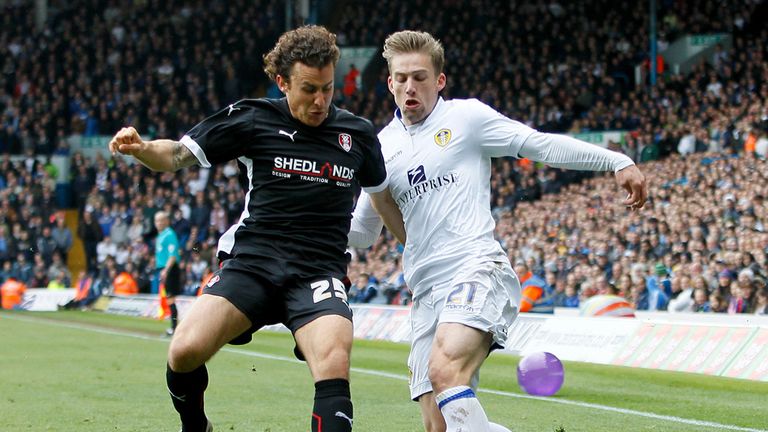 Rotherham's Lawrie Wilson and Leeds United's Charlie Taylor fight for the ball