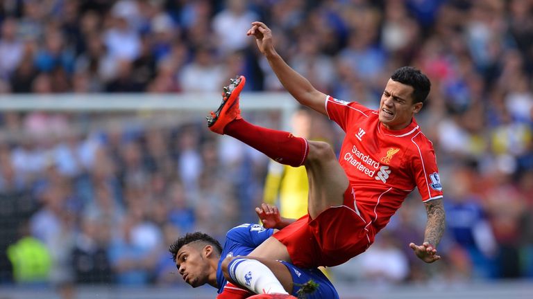 Chelsea's Ruben Loftus-Cheek fouls Liverpool's Philippe Coutinho during the  Premier League match at Stamford Bridge on May 10, 2015