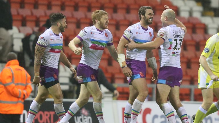 Hull KR's Josh Mantellato celebrates with team-mates after their win over Wigan