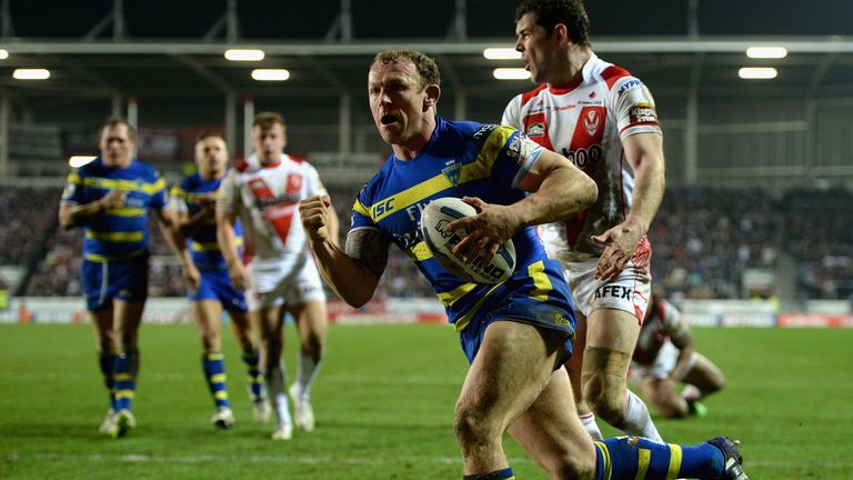 Micky Higham of Warrington Wolves celebrates his second half try against St Helens March 2015