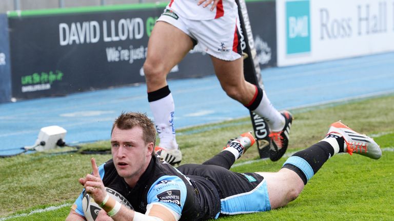 Stuart Hogg dives over to score Glasgow's second try against Ulster