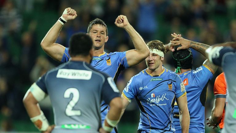 Wilhelm Steenkamp of the Western Force celebrates after a win over the Waratahs 