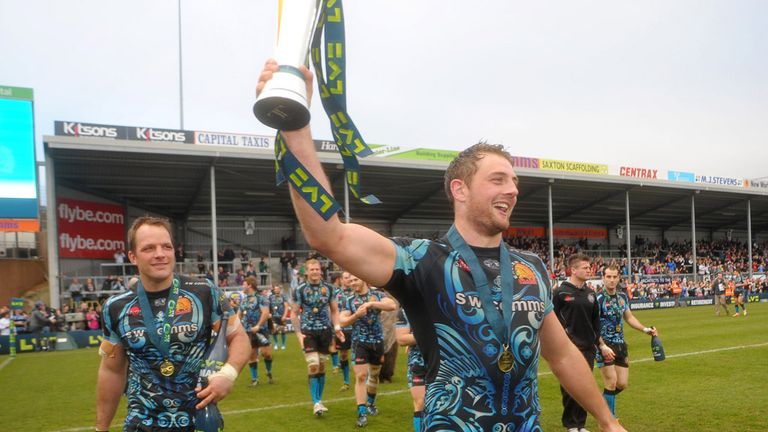 Exeter captain Dean Mumm lifts the trophy after Exeter won the LV= Cup Final match at Sandy Park, Exeter.