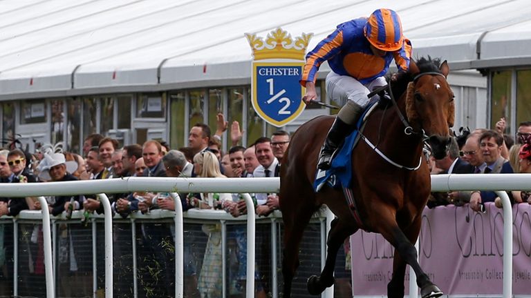 Ryan Moore riding Hans Holbein to victory in the Chester Vase