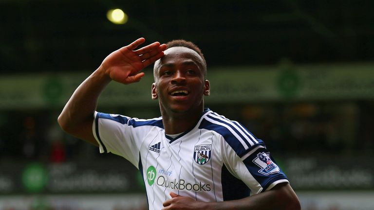 WEST BROMWICH, ENGLAND - AUGUST 16:  Saido Berahino of West Brom celebrates scoring his second goal during the Barclays Premier League match between West B