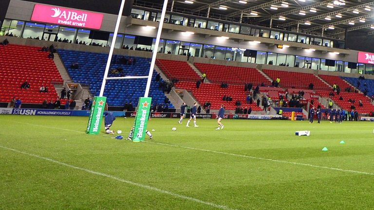 The AJ Bell Stadium in Eccles where fans caused trouble during Salford's Super League game against Huddersfield on Friday