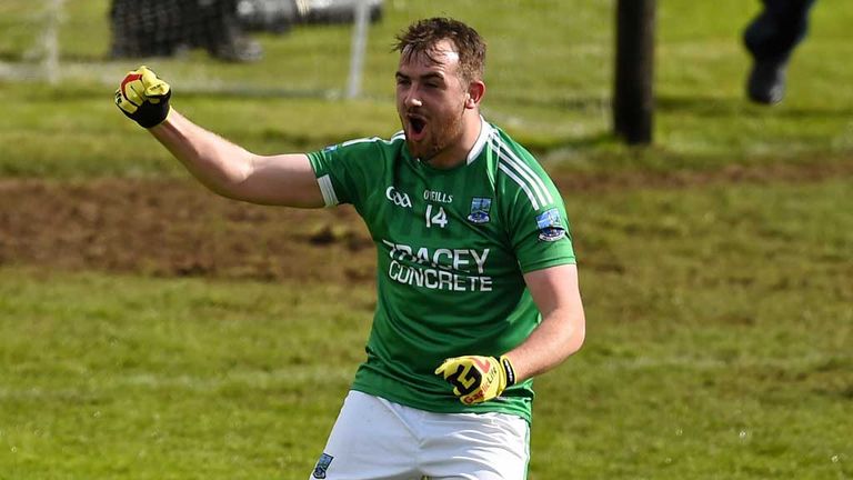 Sean Quigley of Fermanagh celebrates his late penalty against Antrim