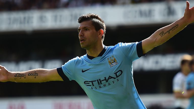 Sergio Aguero celebrates after putting Manchester City 1-0 up against Tottenham at White Hart Lane