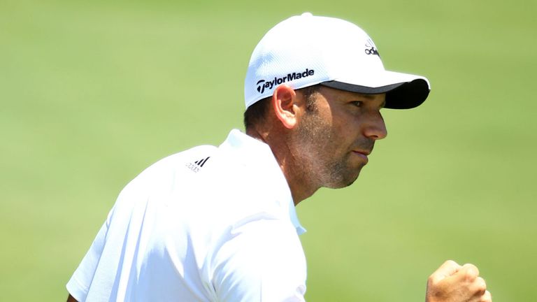 PONTE VEDRA BEACH, FL - MAY 09:  Sergio Garcia of Spain celebrates pitching in for eagle on the second hole during round three of THE PLAYERS Championship 