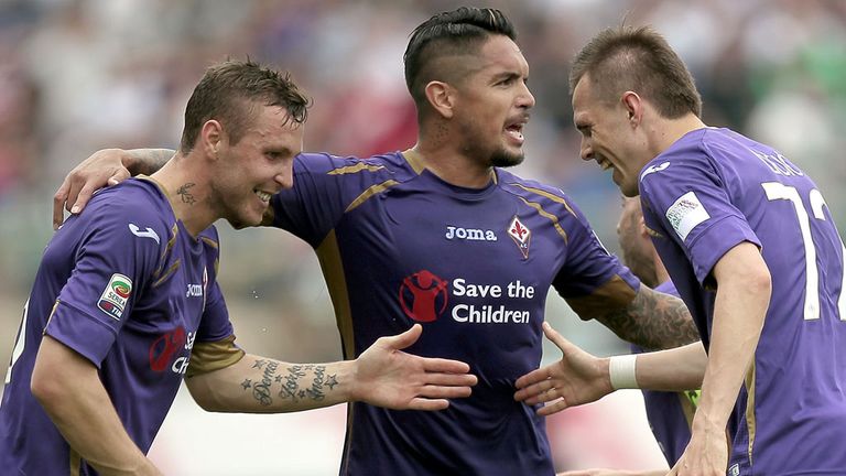 FLORENCE, ITALY - MAY 03: Josip Ilicic (R) of ACF Fiorentina celebrates after scoring a goal during the Serie A match between ACF Fiorentina and AC Cesena 