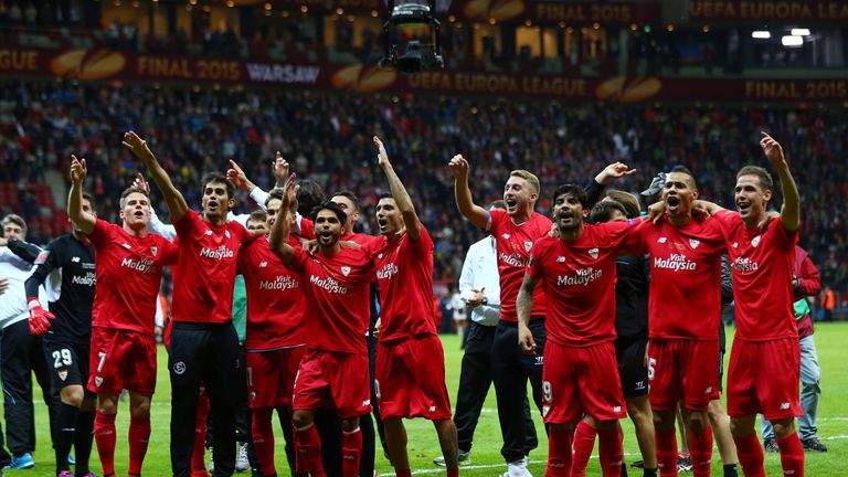 Sevilla players celebrate victory after the UEFA Europa League Final match against FC Dnipro Dnipropetrovsk