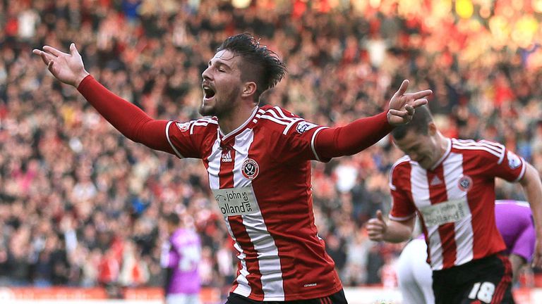 Sheffield United's Kieron Freeman celebrates scoring his sides first goal of the game against Swindon during the Sky Bet League One, Play-Off Semi Final
