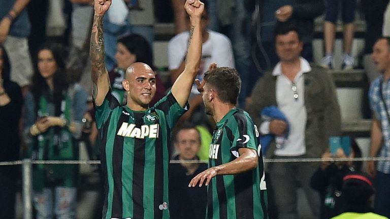 Simone Zaza of Sassuolo celebrates after scoring