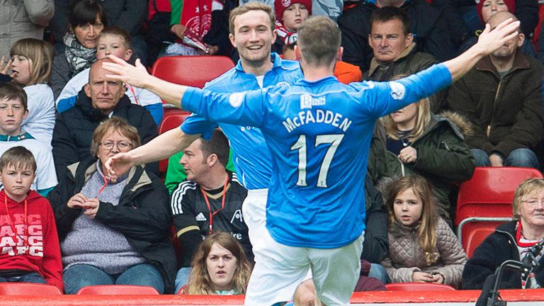 St Johnstone's Chris Kane celebrates with James McFadden after scoring the only goal at Pittodrie on Sunday