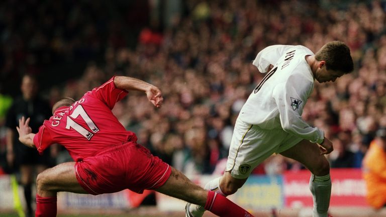 13 Apr 2001:  Harry Kewell of Leeds United is tackled by Steven Gerrard of Liverpool during the FA Carling Premiership match played at Anfield