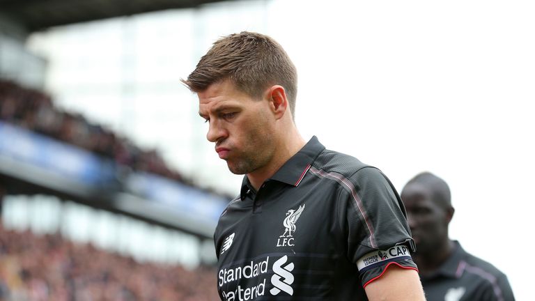 Steven Gerrard of Liverpool reacts during the Barclays Premier League match between Stoke City and Liverpool