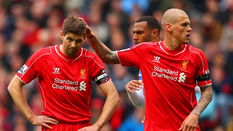 Steven Gerrard is consoled by Martin Skrtel after missing a penalty - an opportunity to put Liverpool back in front after Leroy Fer's 73rd-minute equaliser