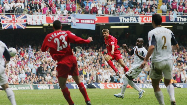 Steven Gerrard of Liverpool shoots and scores his sides third goal during the FA Cup Final match against West Ham