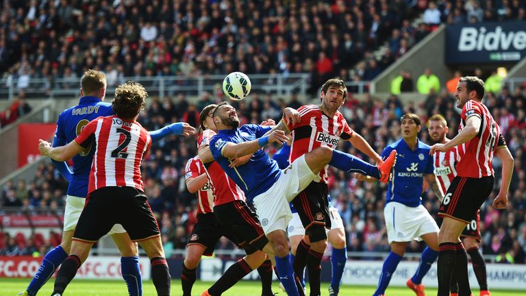 Players compete for the ball during the Premier League match between Sunderland and Leicester City.