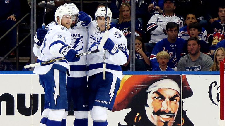Tampa Bay Lightning celebrate taking the lead against New York on Sunday.n