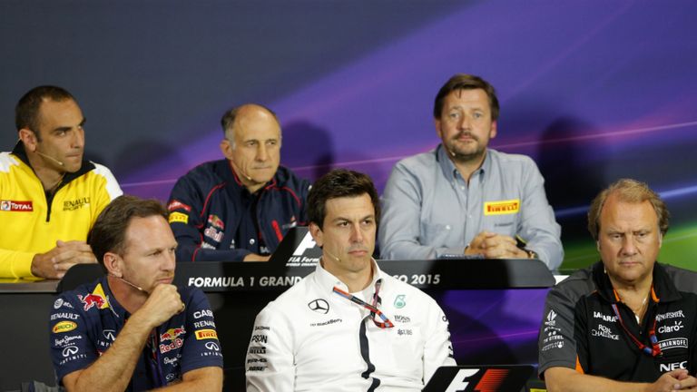 Team bosses press conf at 2015 Monaco GP (clockwise from top left): Cyril Abiteboul, Franz Tost, Paul Hembery, Bob Fernley, Toto Wolff, Christian Horner.